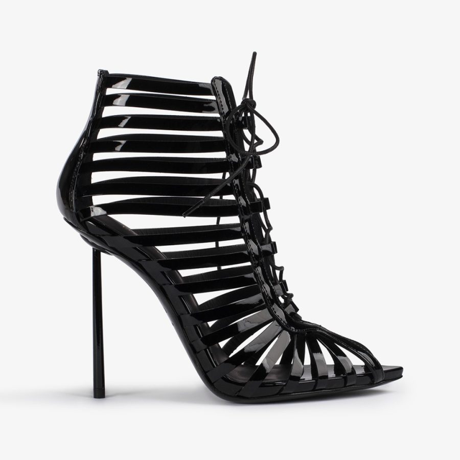 CAGE ANKLE BOOT 120 mm-Black patent leather gladiator ankle boot with straps