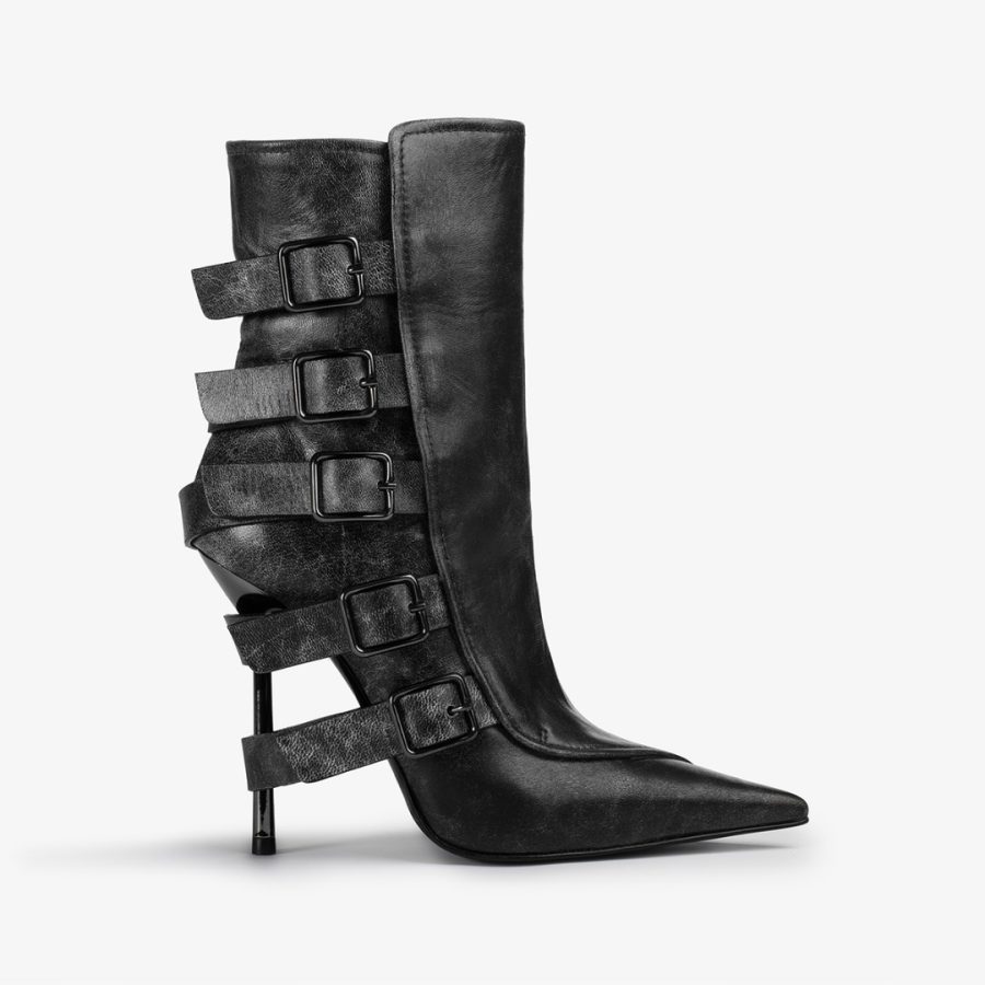 COURTNEY ANKLE BOOT 120 mm-Black vintage effect leather ankle boot with buckles