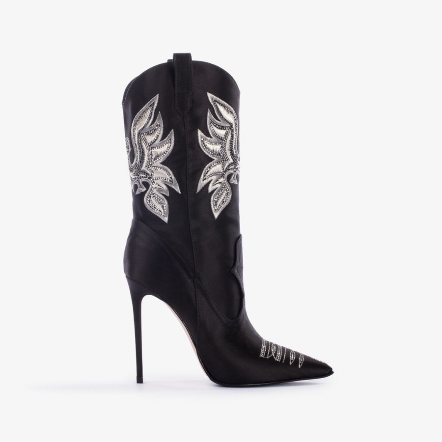 EVA COWBOY ANKLE BOOT 120 mm-Black satin Western-inspired ankle boot with Crystals