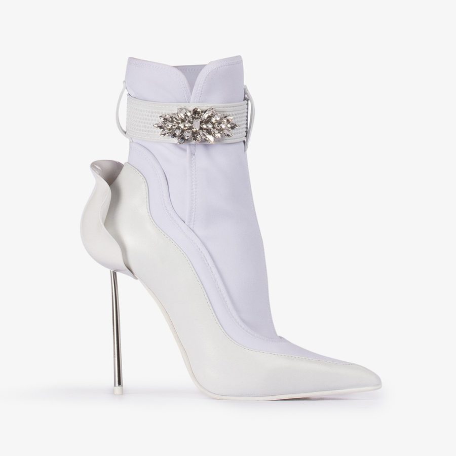 SNORKELING ANKLEBOOT 120 mm-White leather and fabric ankle boot with silver Crystals