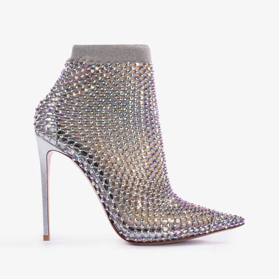 GILDA ANKLE BOOT 120 mm-Eclipse silver fishnet ankle boot and Crystals