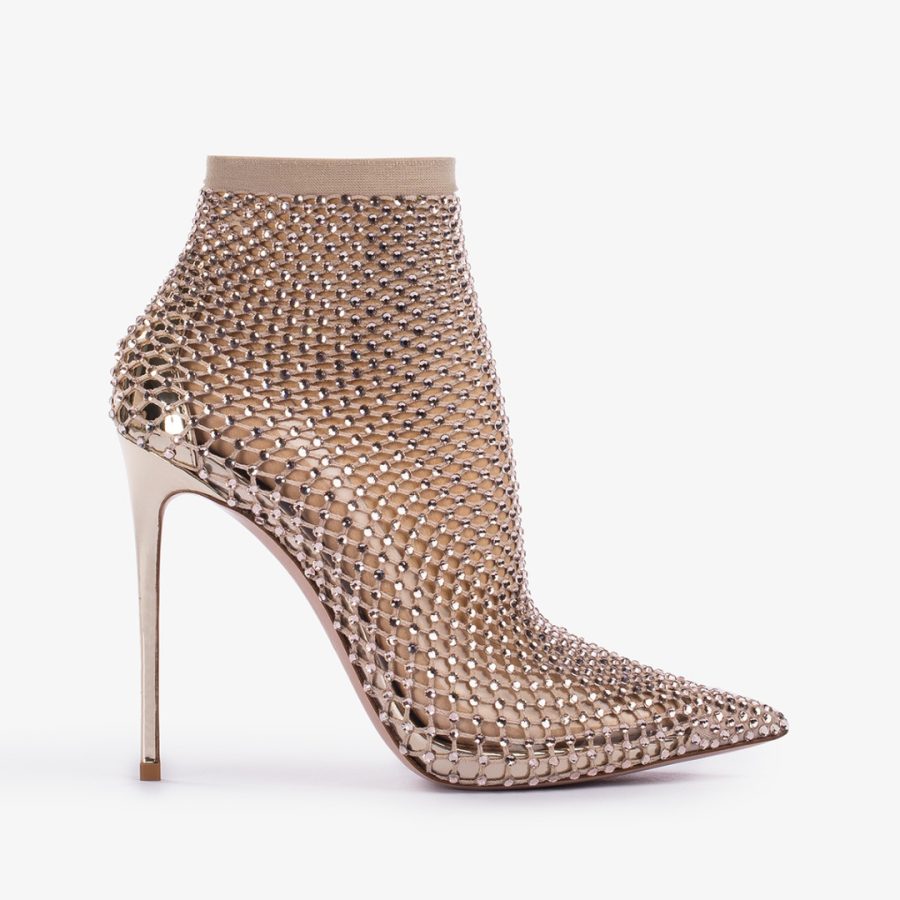 GILDA ANKLE BOOT 120 mm-Platinum fishnet ankle boot with Crystals