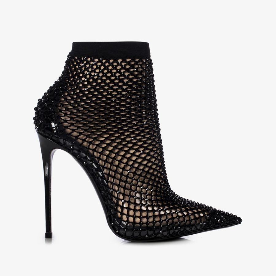 GILDA ANKLE BOOT 120 mm-Black fishnet ankle boot with Crystals