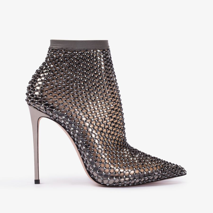 GILDA ANKLE BOOT 120 mm-Pewter fishnet ankle boot with Crystals