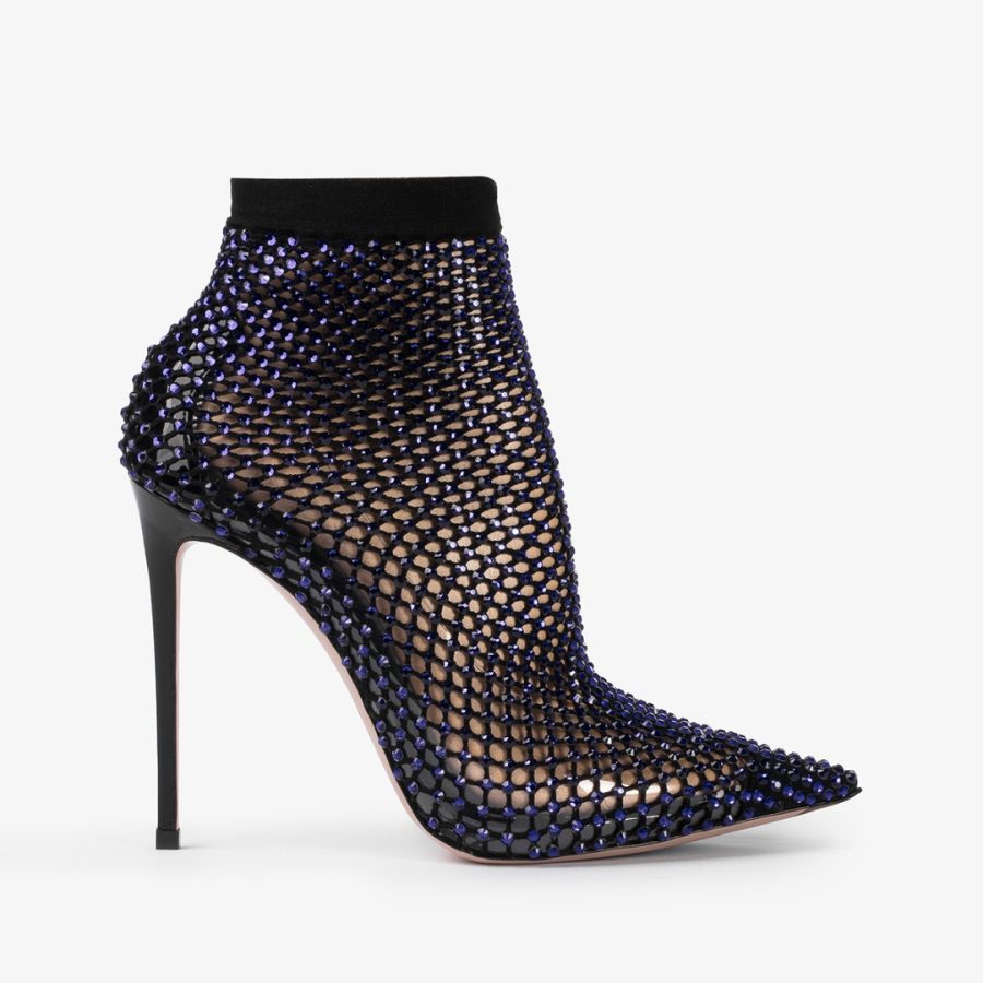 GILDA ANKLE BOOT 120 mm-Midnight blue fishnet ankle boot with Crystals