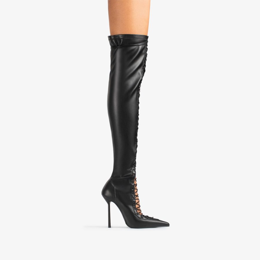 COLETTE THIGH-HIGH BOOT 120 mm-Black stretch vegan leather lace-up over-the-knee boot