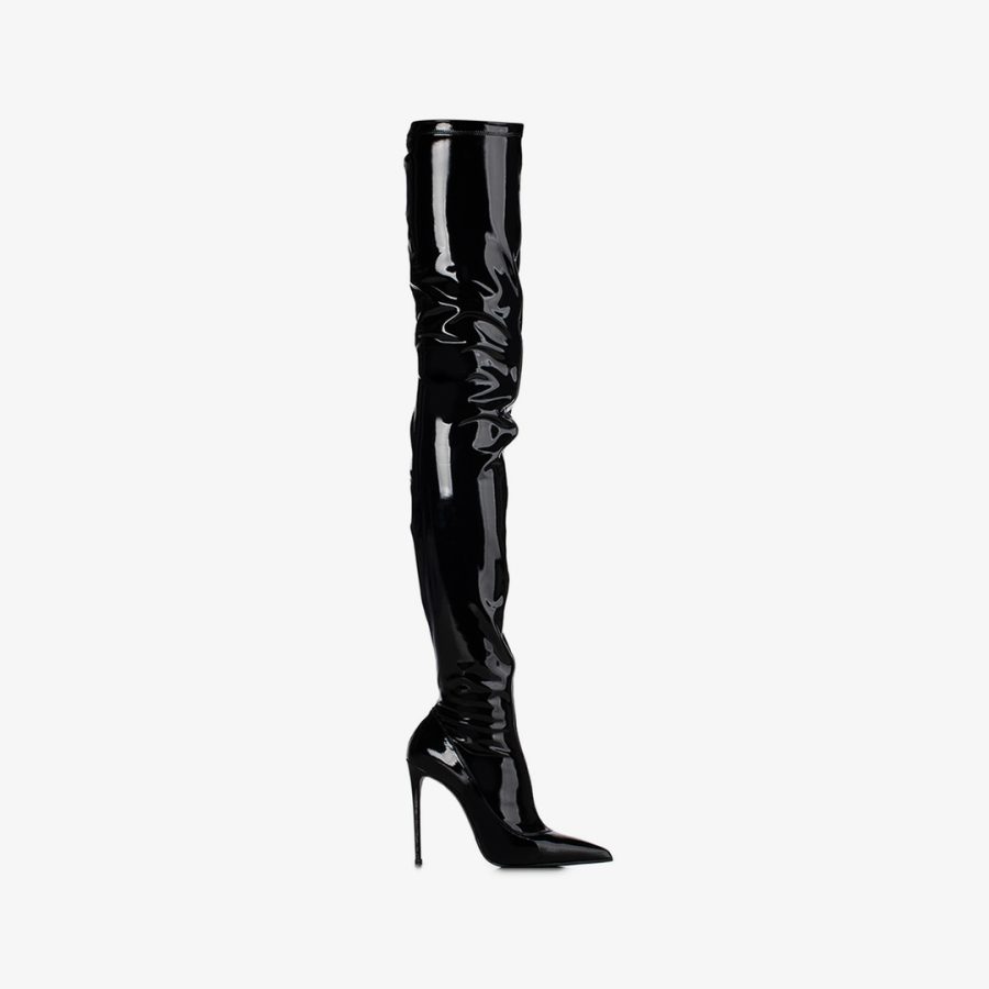 EVA THIGH-HIGH BOOT 120 mm-Black stretch vinyl over-the-knee boot