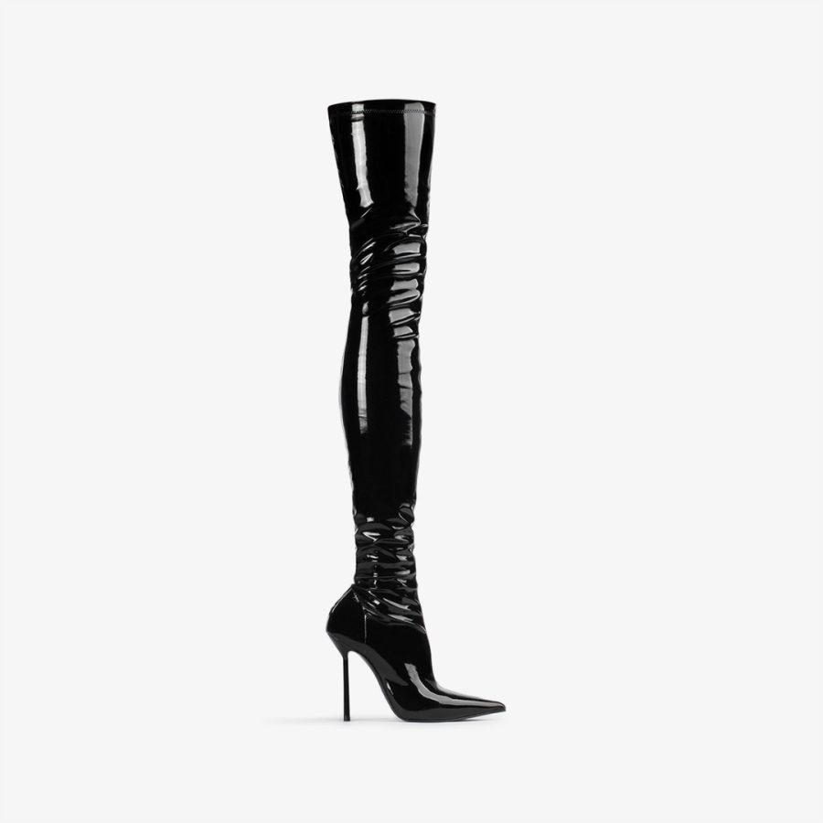 BELLA THIGH-HIGH BOOT 120 mm-Black stretch vinyl over-the-knee boot