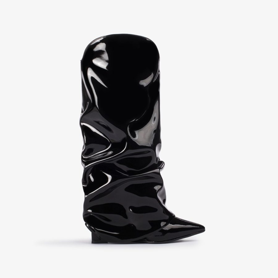 ANDY COWBOY BOOT 120 mm-Black vinyl cuffed Western-inspired knee boot