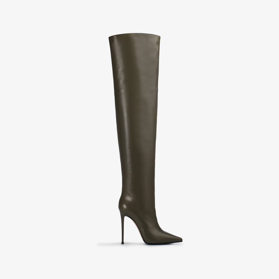 EVA THIGH-HIGH BOOT 120 mm-Khaki green nappa leather oversized over-the-knee boot