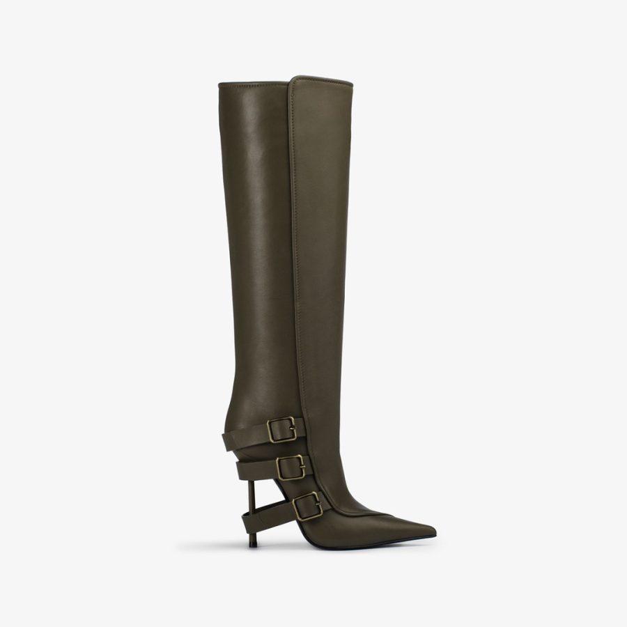 COURTNEY BOOT 120 mm-Khaki green nappa knee boot with buckles