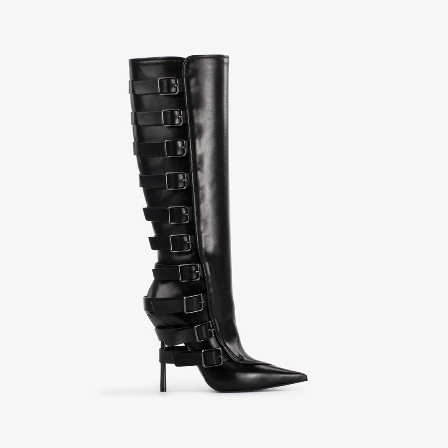 COURTNEY BOOT 120 mm-Black nappa knee boot with buckles