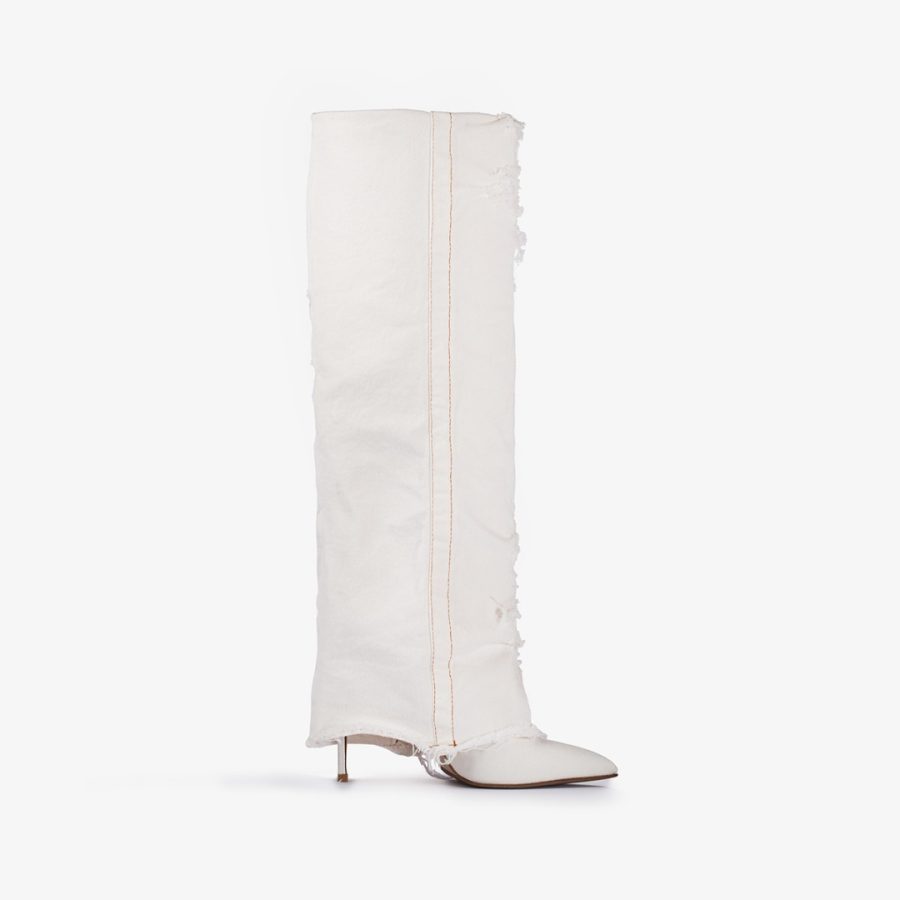 ANDY BOOT 120 mm-Distressed white denim cuffed knee boot