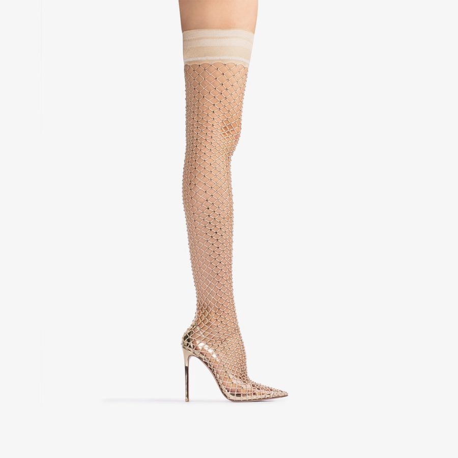 GILDA THIGH-HIGH BOOT 120 mm-Platinum fishnet over-the-knee boot with Crystals