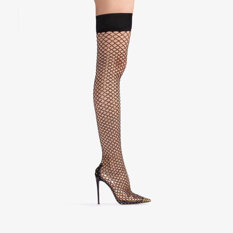 GILDA THIGH-HIGH BOOT 120 mm-Black fishnet thigh-high boot with gold Crystals