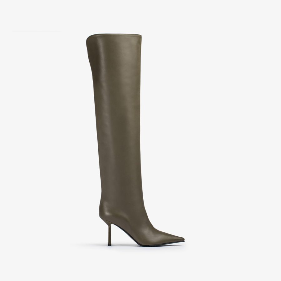 BELLA BOOT 80 mm-Khaki green nappa leather over-the-knee boot