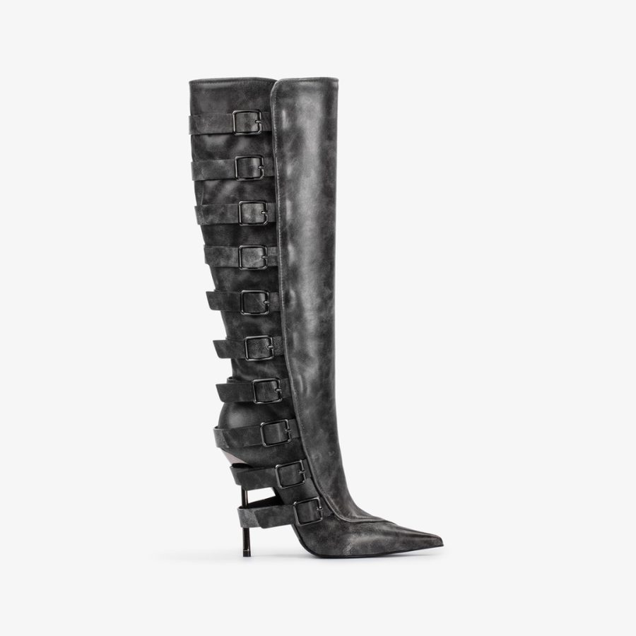 COURTNEY BOOT 120 mm-Black vintage effect leather knee boot with buckles