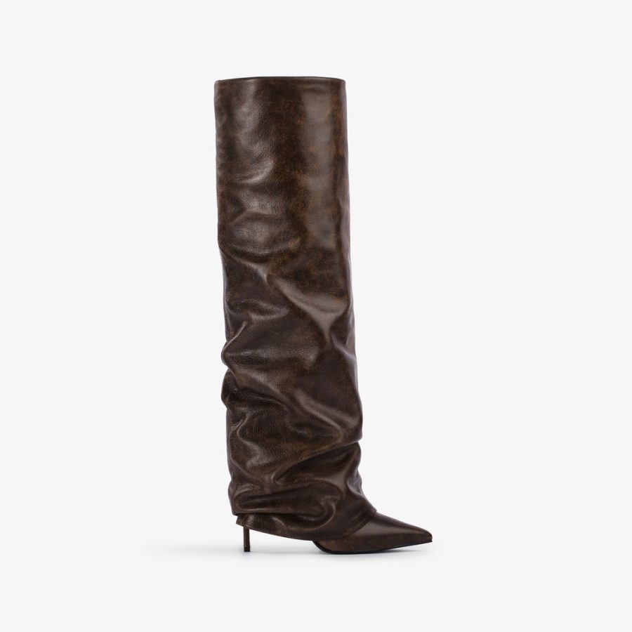 ANDY BOOT 120 mm-Brown vintage effect leather cuffed knee boot