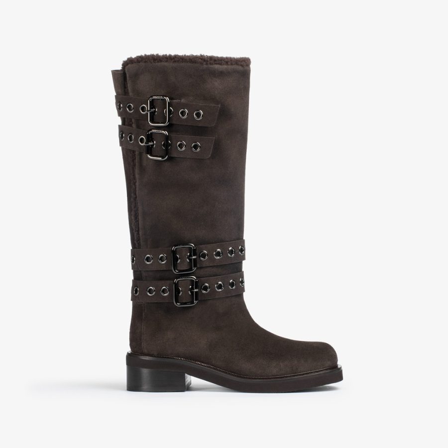 HARLEY BOOT 50 mm-Dark chocolate brown suede boot with buckles and eyelets