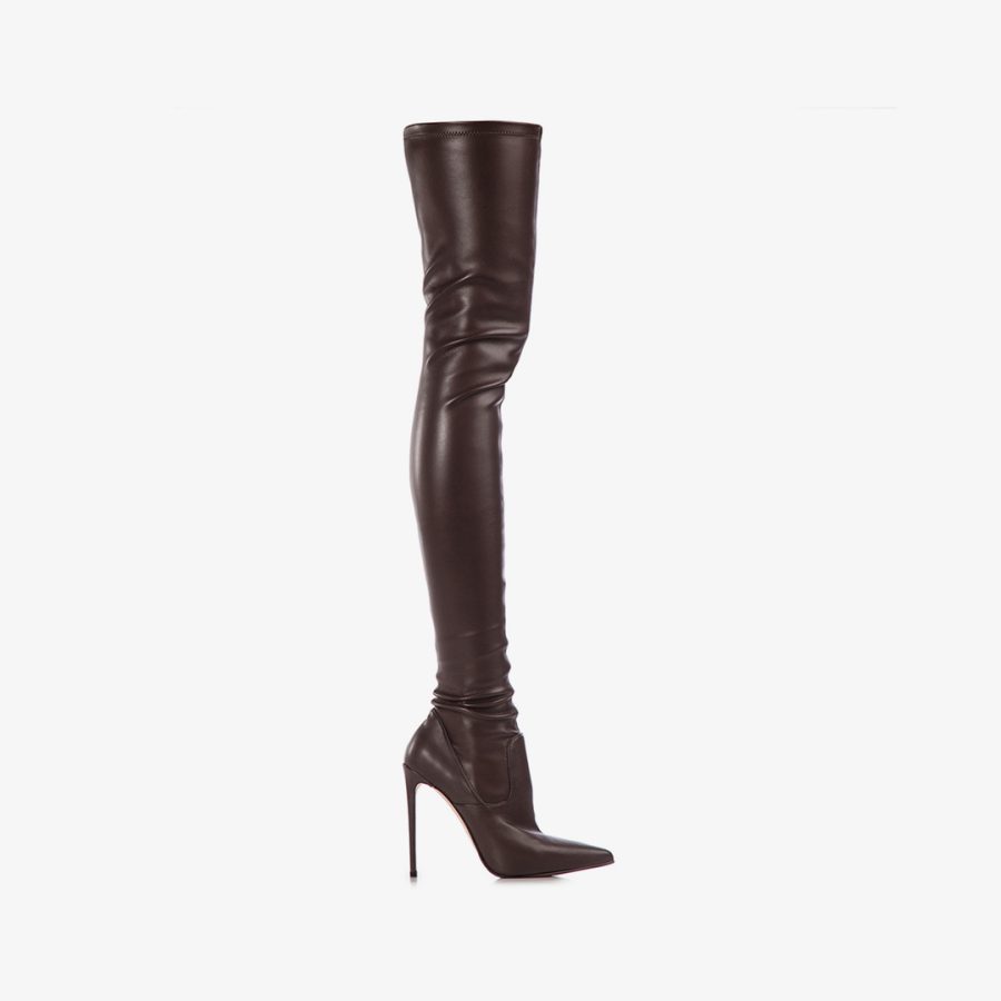 EVA THIGH-HIGH BOOT 120 mm-Ebony brown stretch vegan leather over-the-knee boot