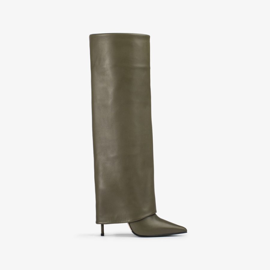 ANDY BOOT 120 mm-Khaki green nappa leather cuffed knee boot