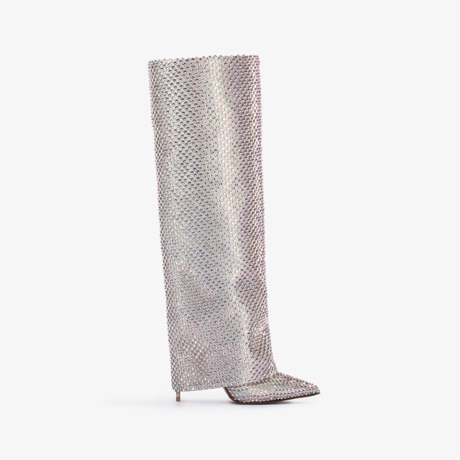 ANDY BOOT 120 mm-Eclipse silver fishnet and Crystals cuffed knee boot