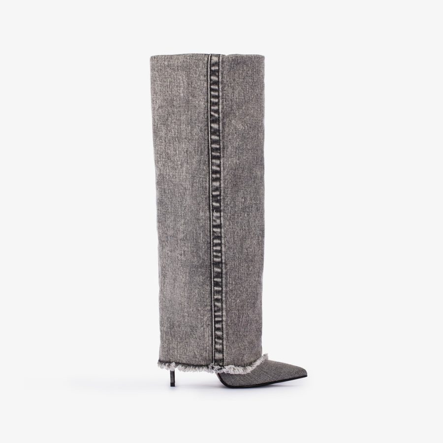 ANDY BOOT 120 mm-Black denim cuffed knee boot