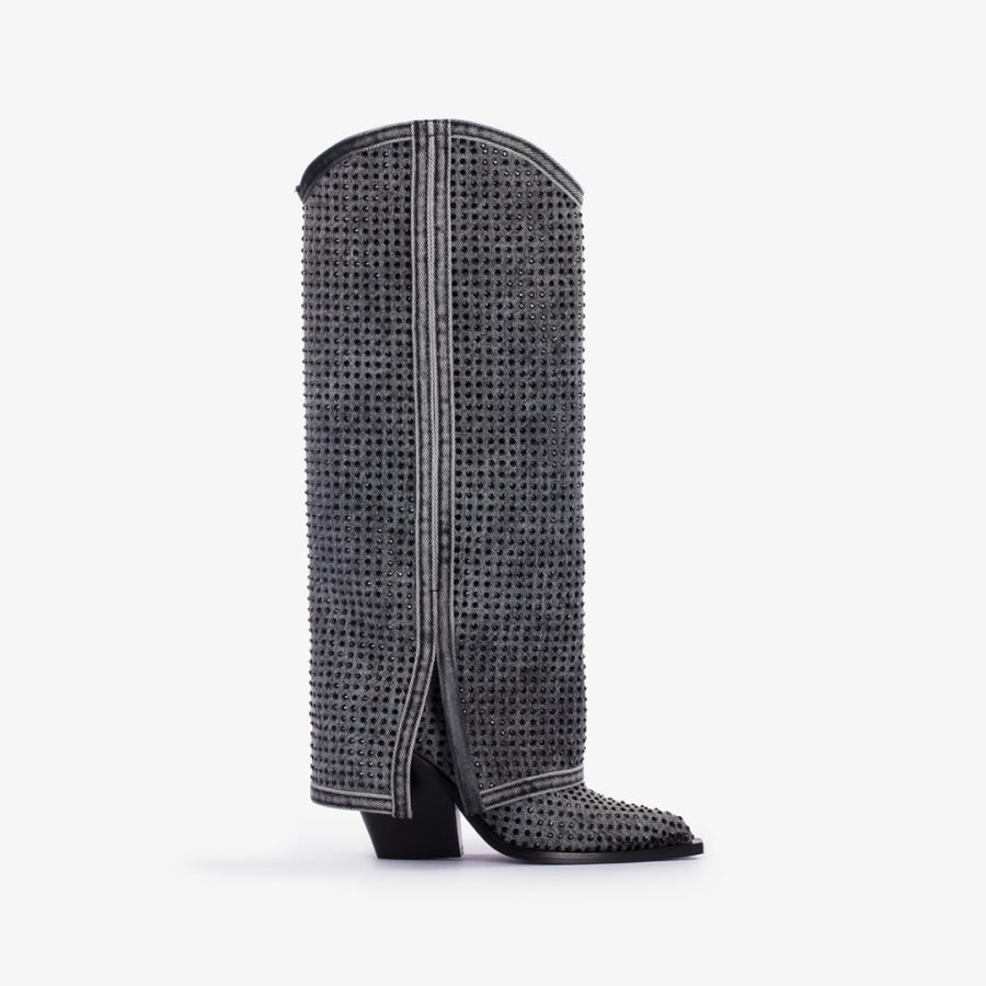 ANDY COWBOY BOOT 100 mm-Jet black denim and Crystals Western-inspired cuffed knee boot