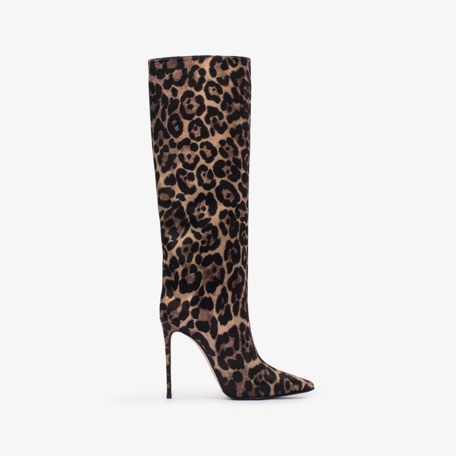 EVA BOOT 120 mm-Leopard printed satin knee boot