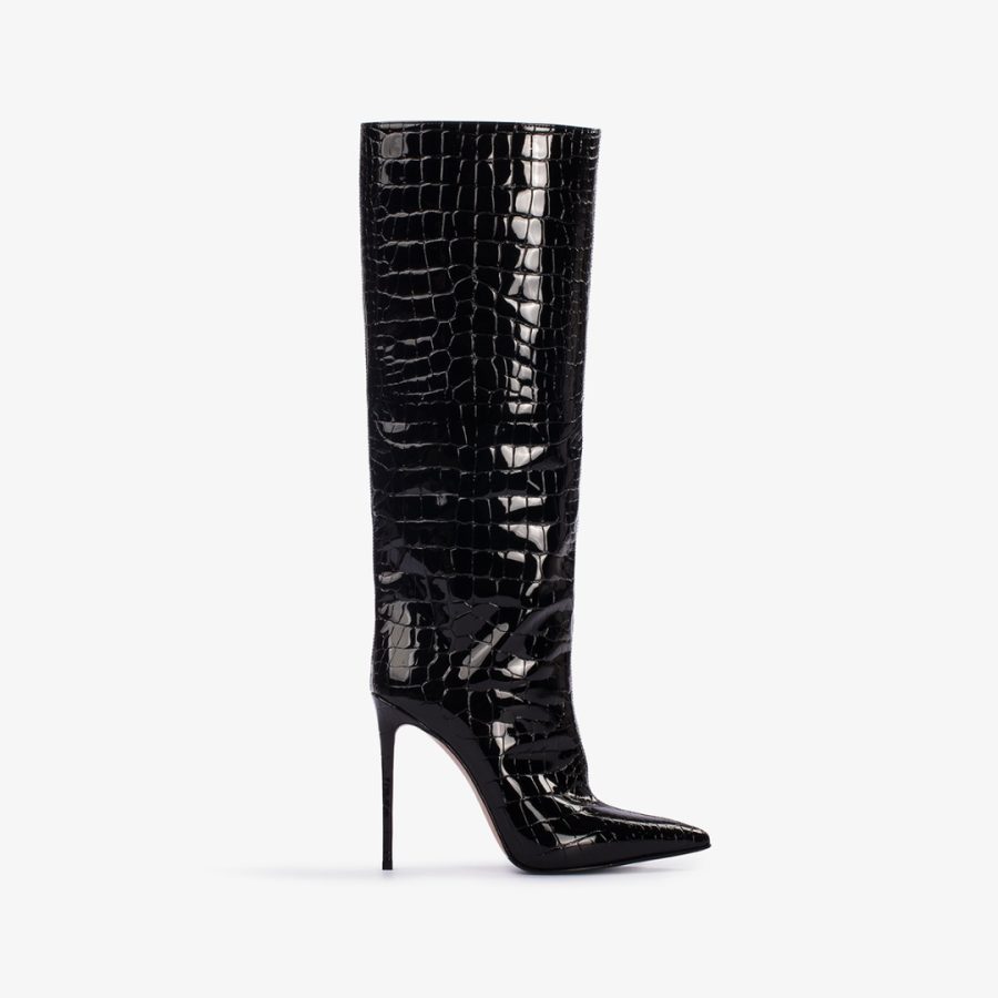 EVA BOOT 120 mm-Black crocodile print knee boot