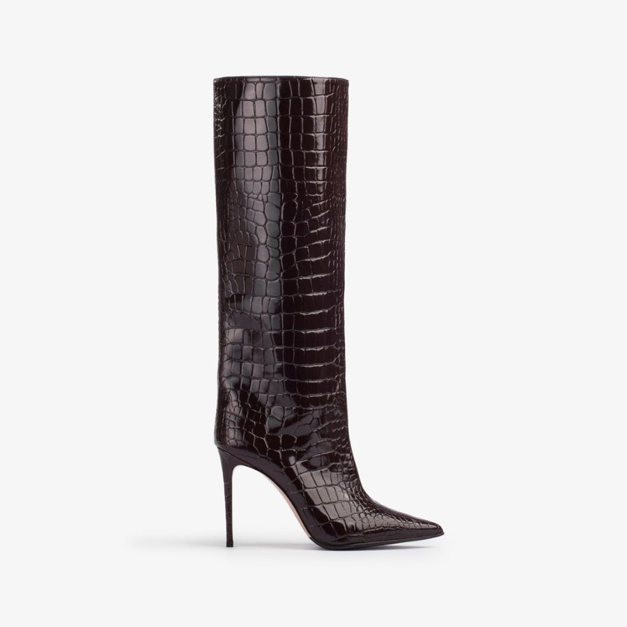 EVA BOOT 100 mm-Dark chocolate crocodile print knee boot