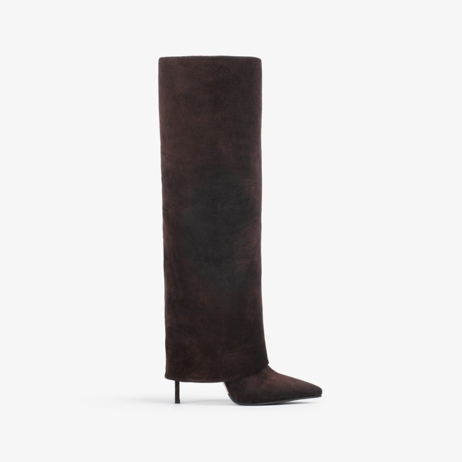 ANDY BOOT 120 mm-Van dyck brown suede cuffed knee boot