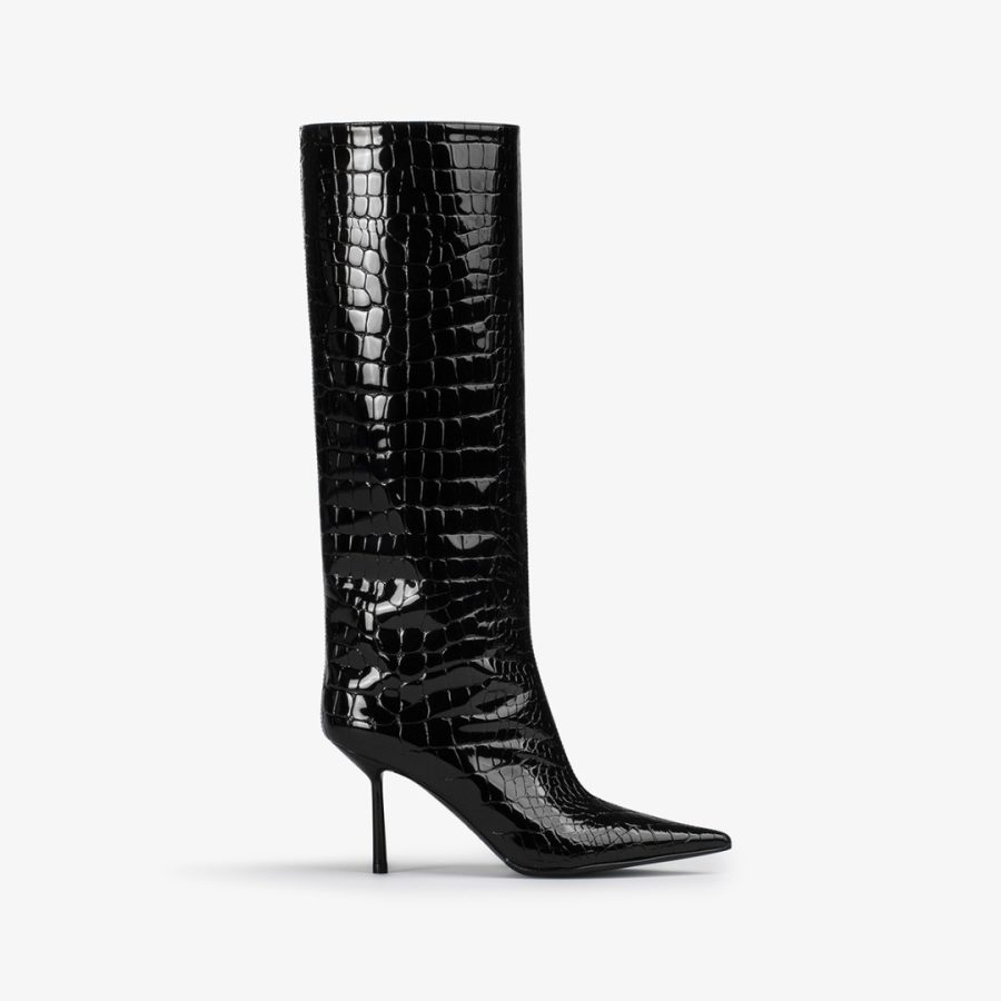 BELLA BOOT 80 mm-Black crocodile print knee boot