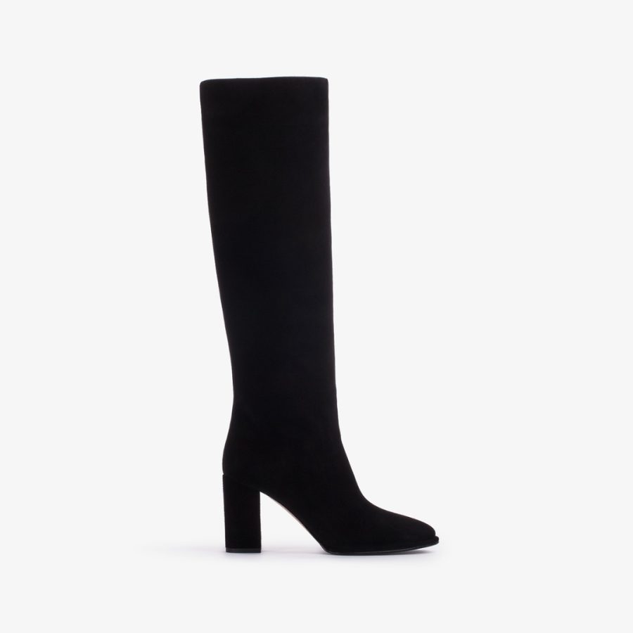 ELSA BOOT 90 mm-Black suede knee boot with rabbit fur lining