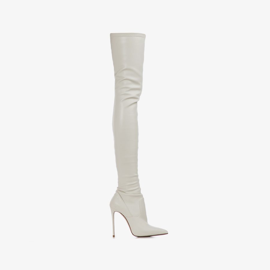 EVA THIGH-HIGH BOOT 120 mm-Milk white stretch vegan leather over-the-knee boot