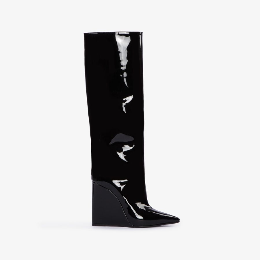 KIRA BOOT 120 mm-Black patent leather knee boot with wedge heel