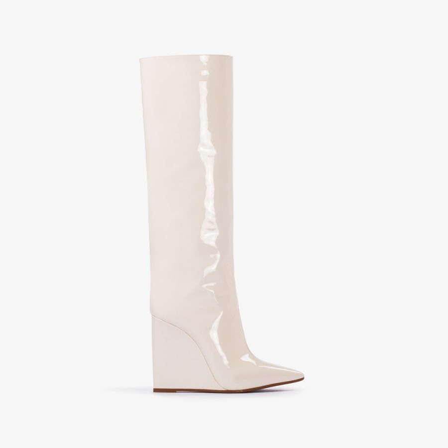 KIRA BOOT 120 mm-Milk white patent leather knee boot with wedge heel