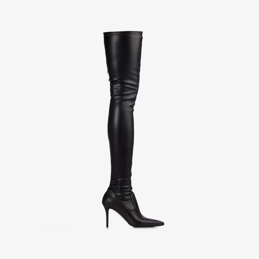 EVA THIGH-HIGH BOOT 90 mm-Black stretch vegan leather over-the-knee boot