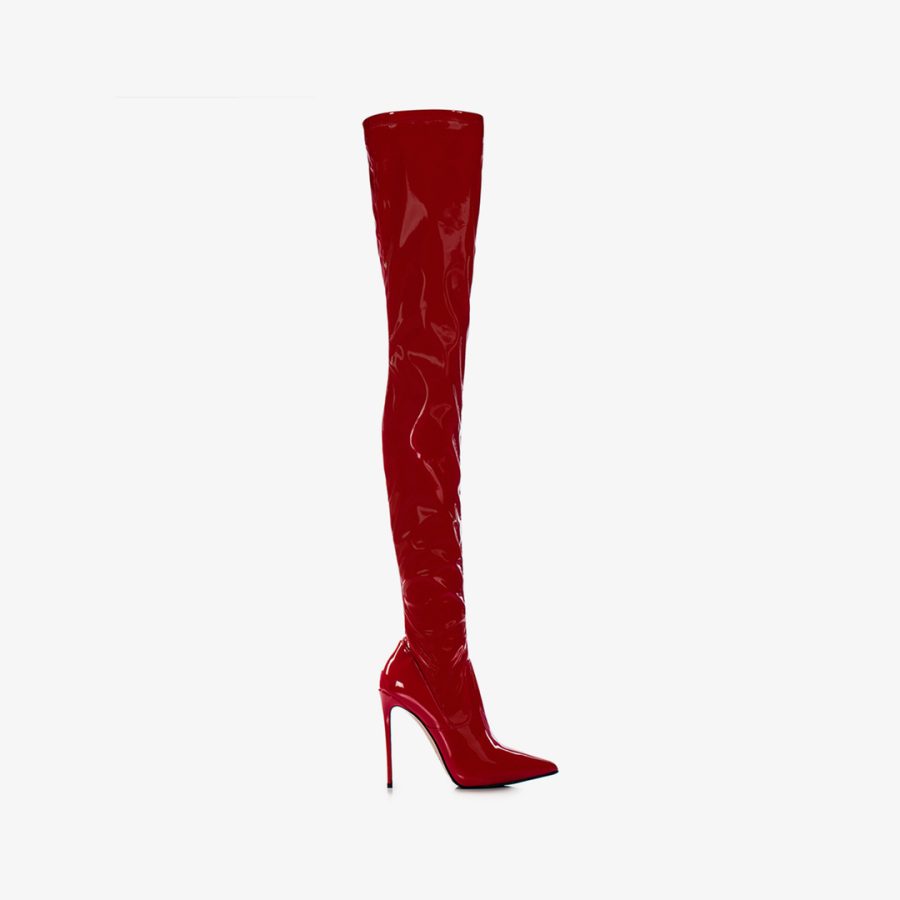 EVA THIGH-HIGH BOOT 120 mm-Opium red stretch vinyl over-the-knee boot