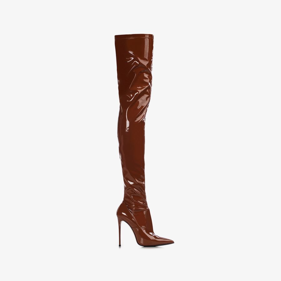 EVA THIGH-HIGH BOOT 120 mm-Brick brown stretch vinyl over-the-knee boot