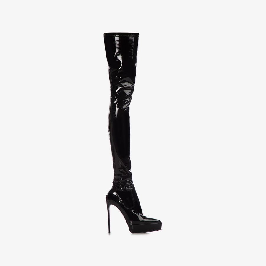 UMA THIGH-HIGH BOOT 140 mm-Black stretch vinyl platform thigh-high boot