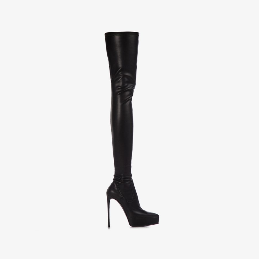 UMA THIGH-HIGH BOOT 140 mm-Black stretch vegan leather platform over-the-knee boot