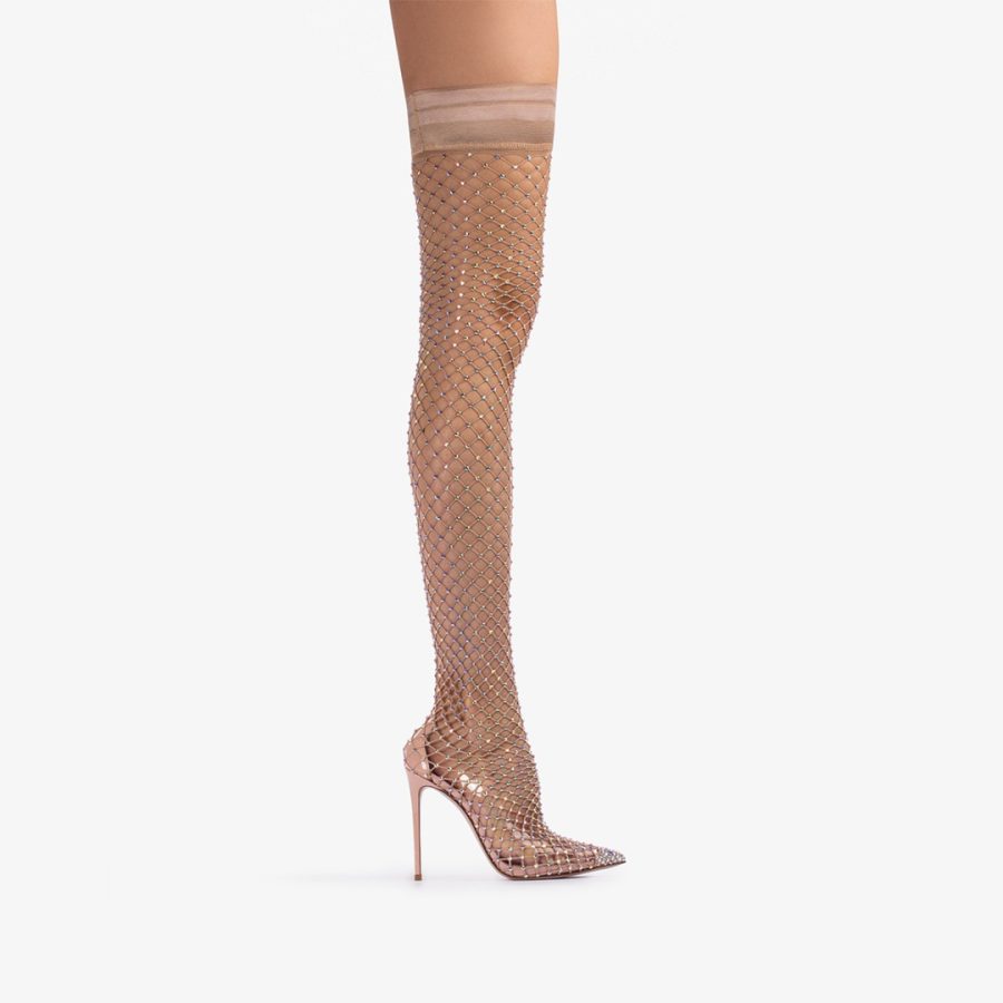 GILDA THIGH-HIGH BOOT 120 mm-Skin nude fishnet over-the-knee boot with Crystals