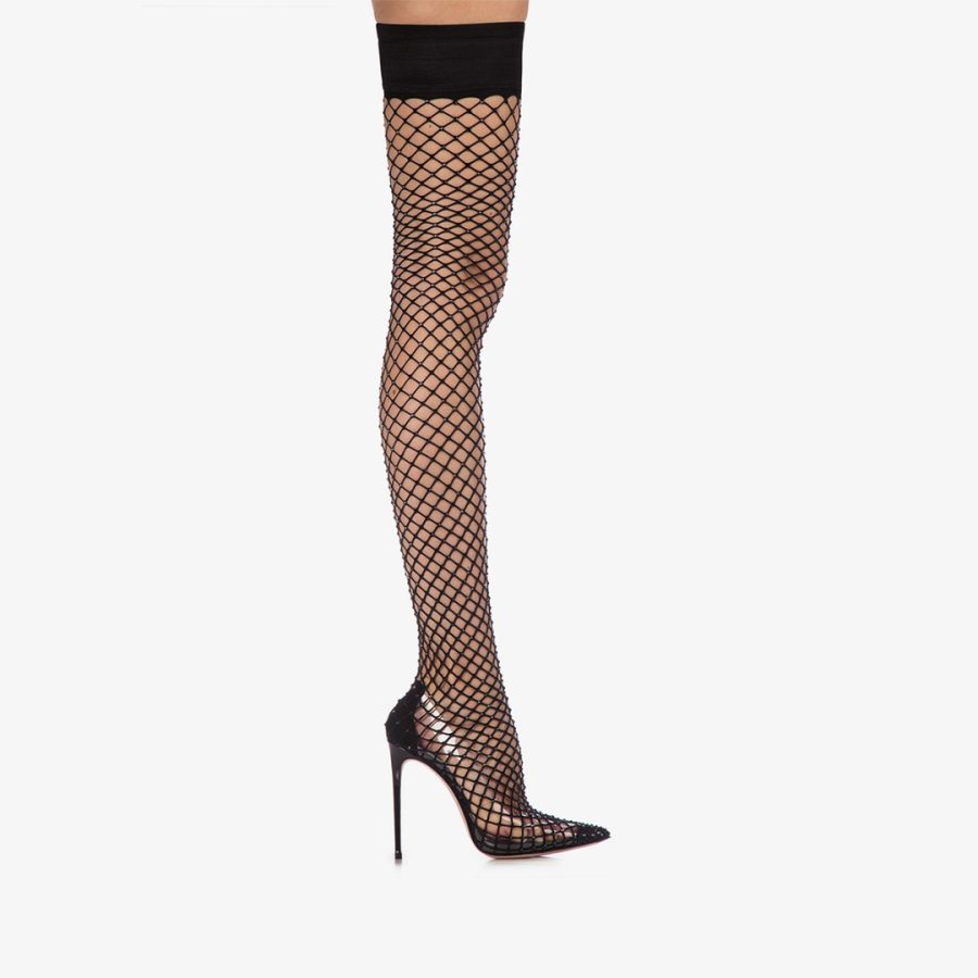 GILDA THIGH-HIGH BOOT 120 mm-Black fishnet over-the-knee boot with Crystals