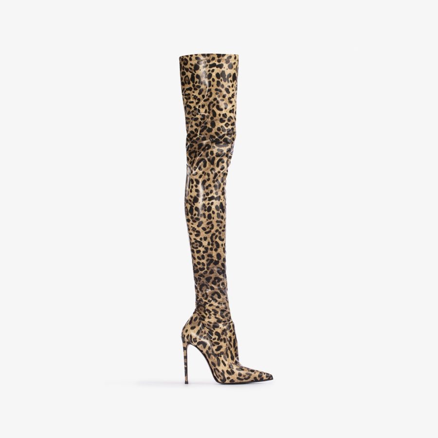 EVA THIGH-HIGH BOOT 120 mm-Leopard-print stretch vinyl over-the-knee boot