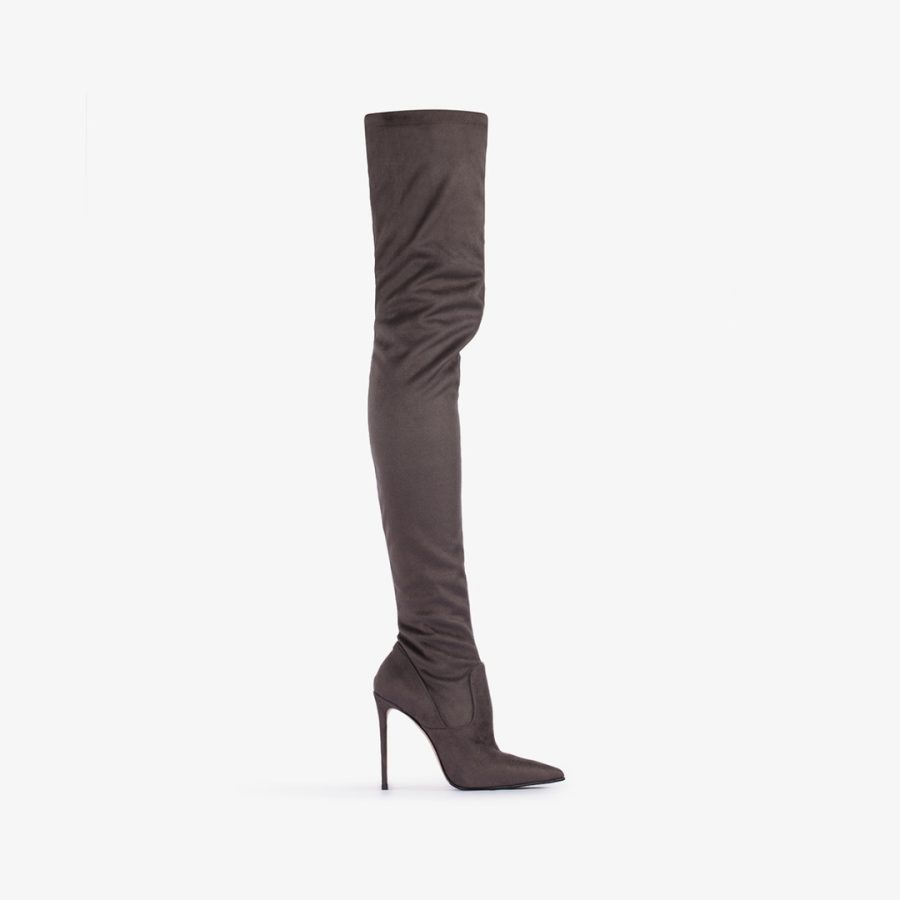 EVA THIGH-HIGH BOOT 120 mm-Urban grey stretch vegan suede over-the-knee boot