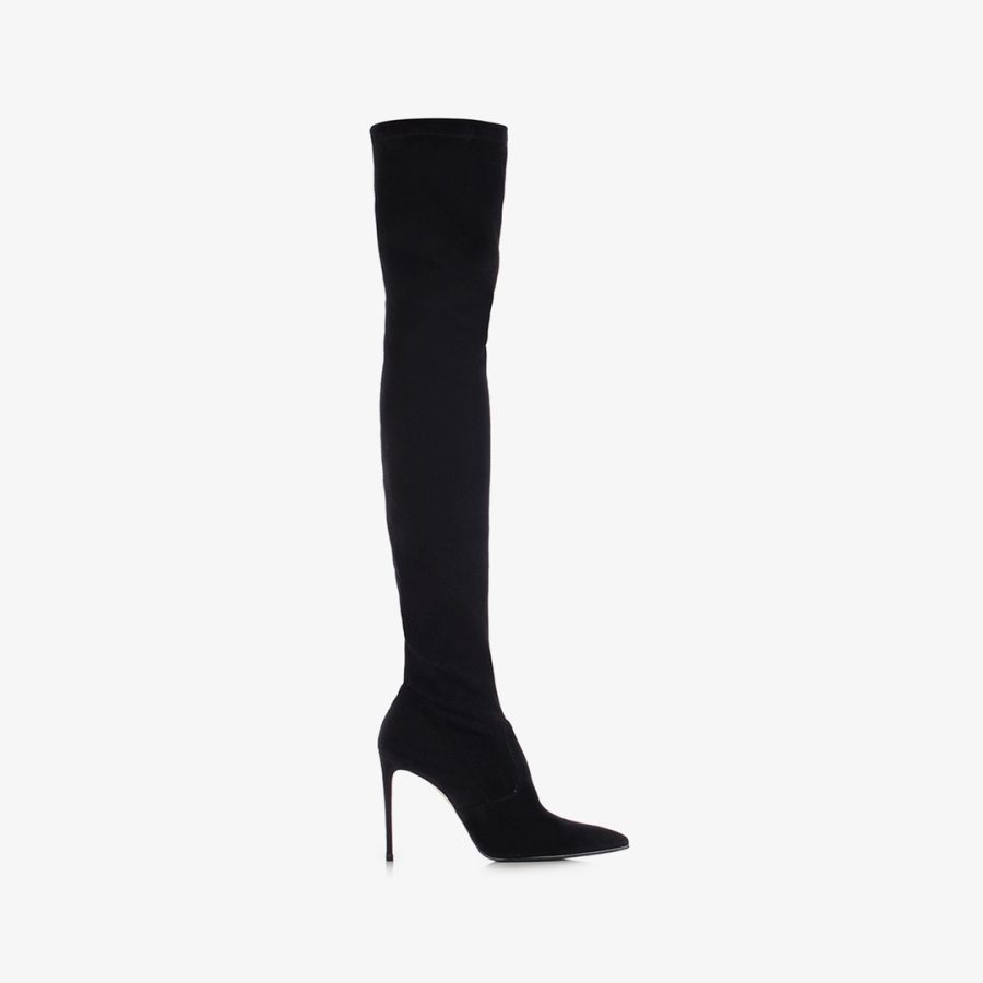 EVA THIGH-HIGH BOOT 100 mm-Black stretch suede over-the-knee boot