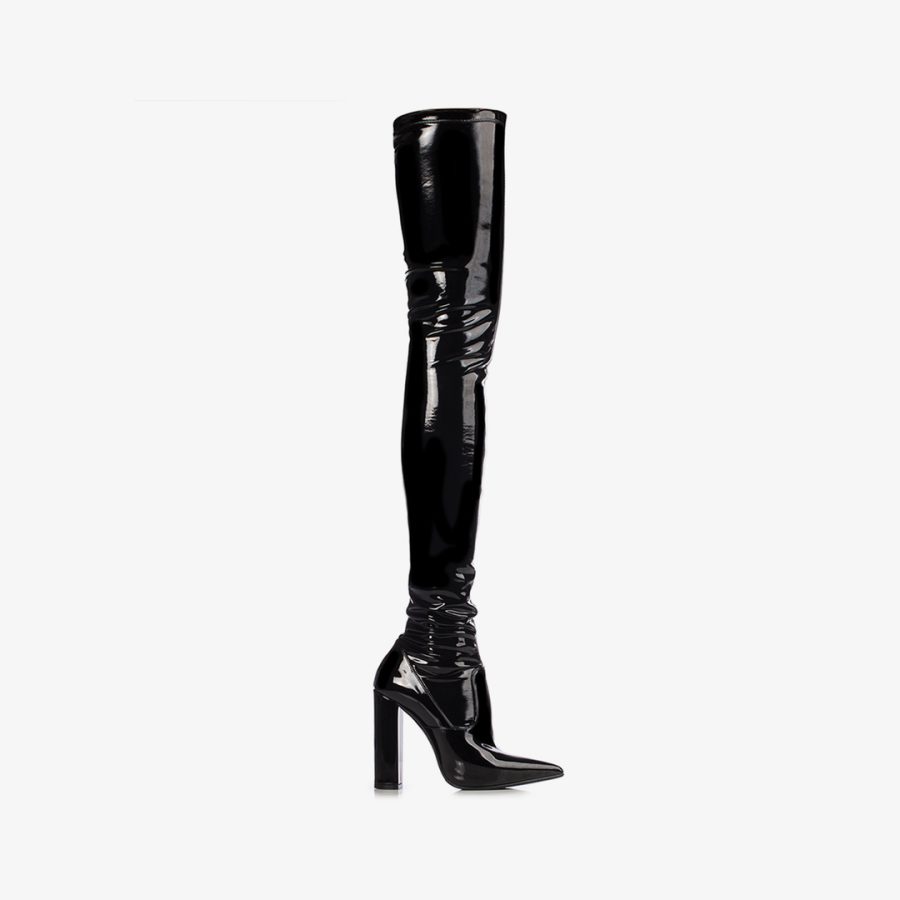 MEGAN THIGH-HIGH BOOT 120 mm-Black stretch vinyl over-the-knee boot