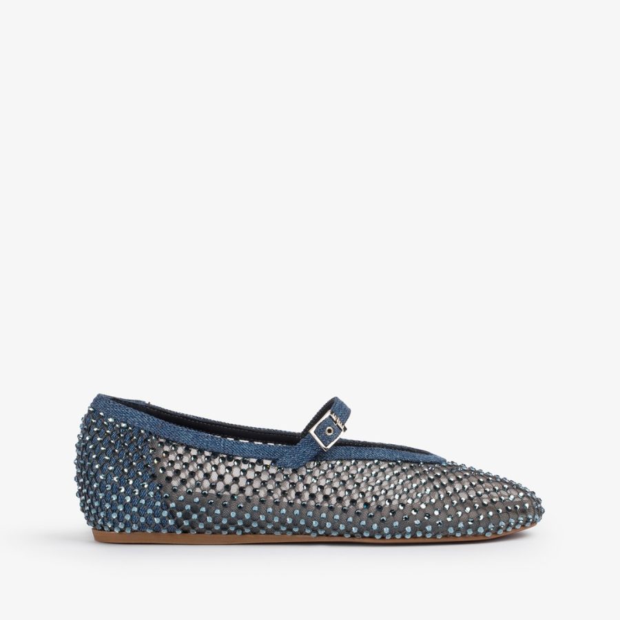 GILDA BALLET FLAT-Denim blue fishnet ballet flat with Crystals