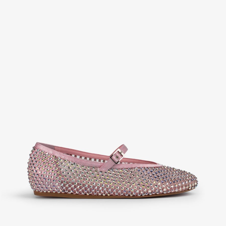 GILDA BALLET FLAT-Goddess pink fishnet ballet flat with iridescent Crystals